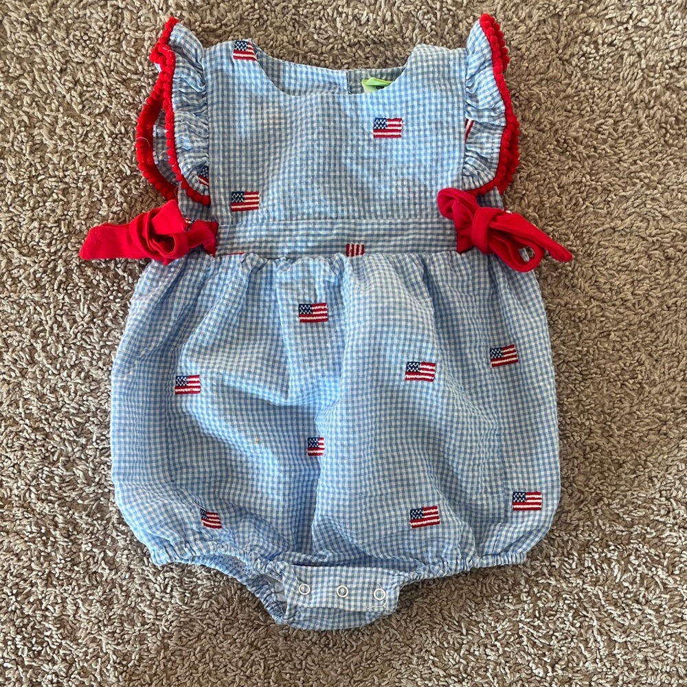 Blue Gingham Baby Romper with Red Accents